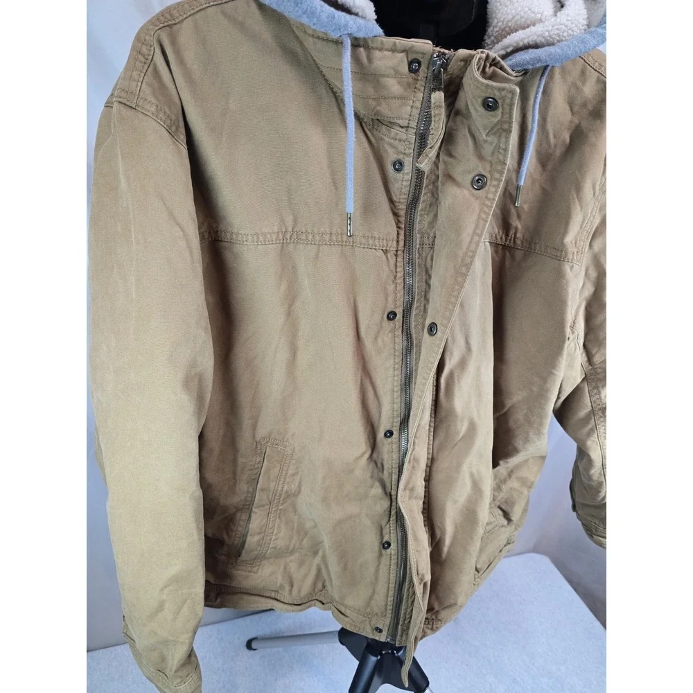 American Eagle Jacket Men XL Brown Canvas Flannel Lined With Fleece Lined Hood